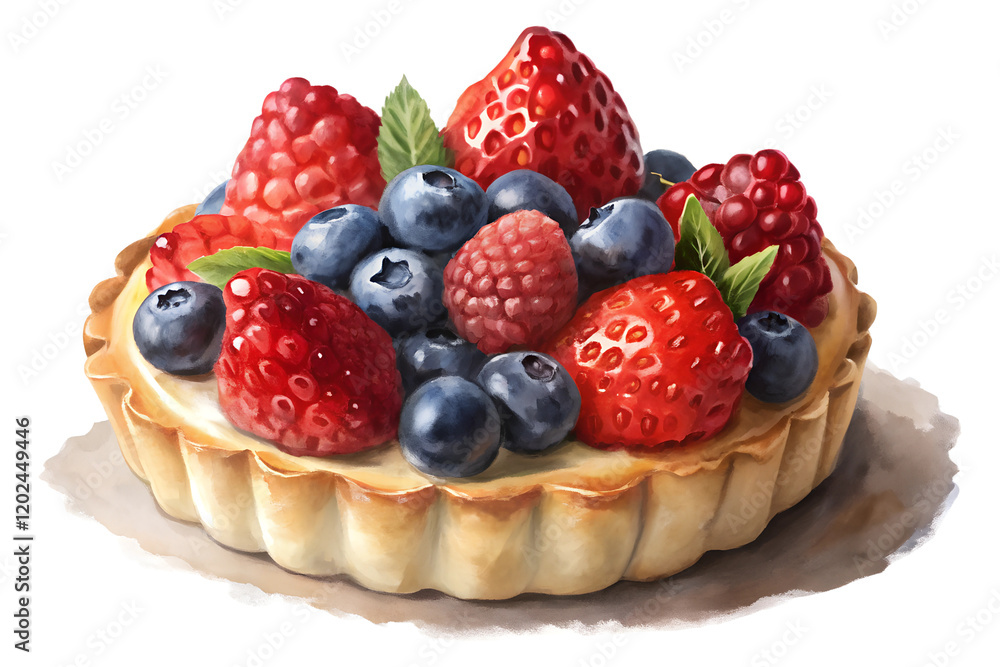 watercolor illustration of berries tart dessert, isolated soft focus on the transparent background watercolor illustration of berries tart dessert, isolated soft focus on the transparent background