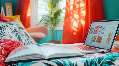 Cozy workspace featuring vibrant colors, laptop, and an open ske photo