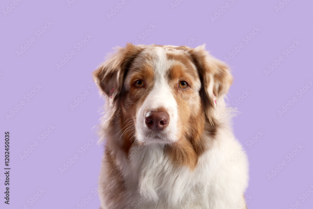 Cute Australian Shepherd dog on purple background Cute Australian Shepherd dog on purple background