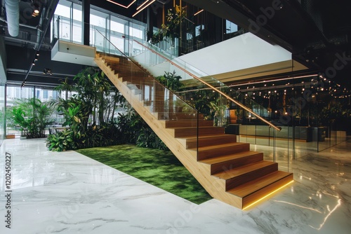 Modern office staircase, glass railing, green plants, city view, corporate interior photo