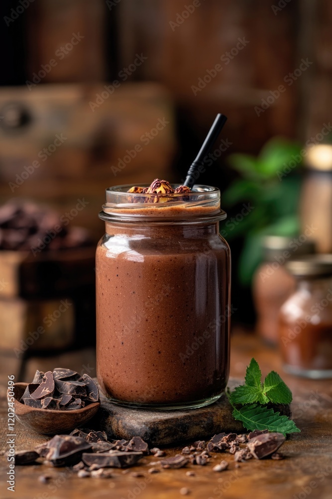 Rich chocolate smoothie in rustic jar garnished with mint leaves Rich chocolate smoothie in rustic jar garnished with mint leaves
