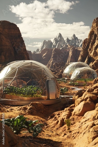 Futuristic eco-domes nestled in rocky terrain, showcasing sustai photo