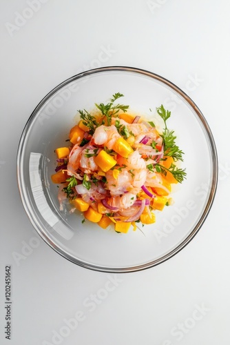 Fresh shrimp salad featuring vibrant mango and herbs in clear bo photo