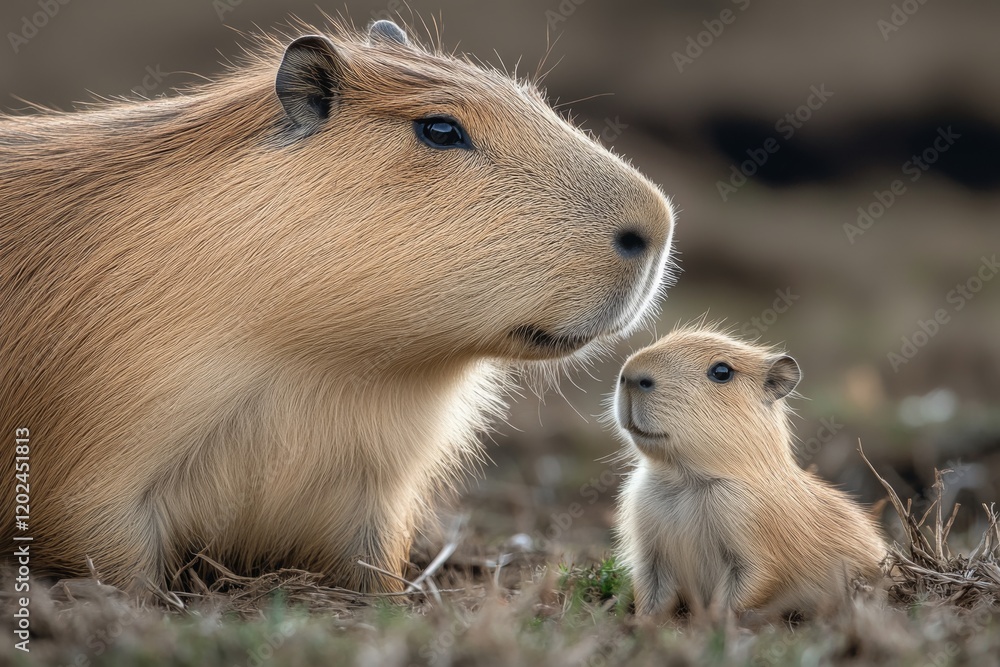 Fototapeta premium Enjoying moments of warmth and tenderness, capybara and baby animals share a bond in a tranquil outdoor setting, highlighting the beauty of nature and animal interaction