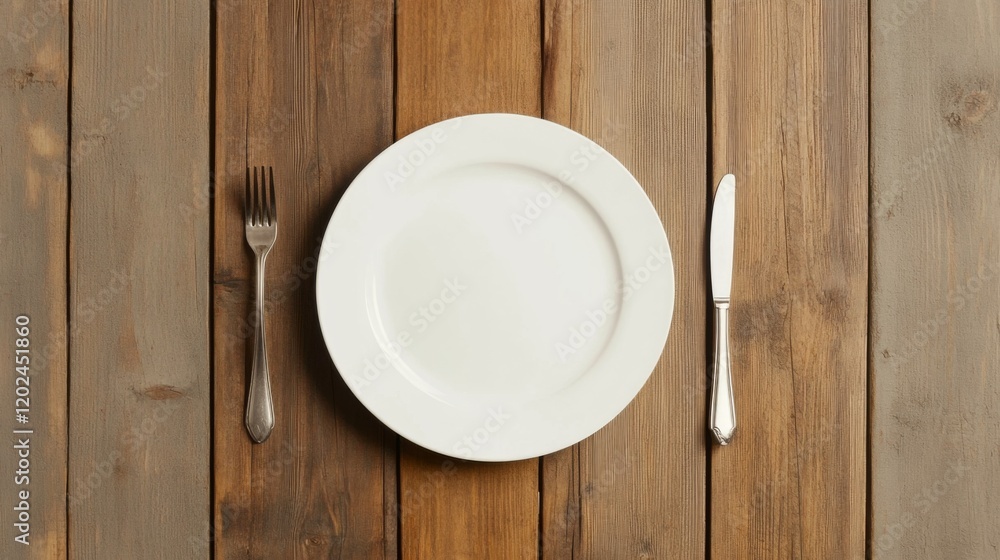 Empty plate, fork, knife on wooden table. Empty plate, fork, knife on wooden table.