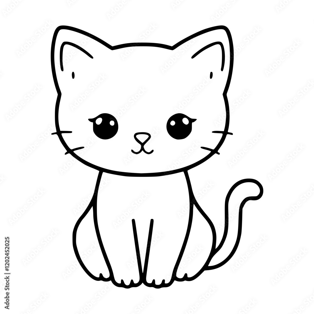 Cute cat illustration. Black and white vector kitten with big eyes, simple cartoon outline isolated on white or transparent background for children's coloring books or merchandise, PNG, clipart Cute cat illustration. Black and white vector kitten with big eyes, simple cartoon outline isolated on white or transparent background for children's coloring books or merchandise, PNG, clipart