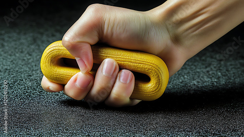 Closeup of a hand squeezing a yellow textured grip strengthener.  Perfect for fitness, therapy, or stress relief content.  Highquality image with dramatic lighting. photo