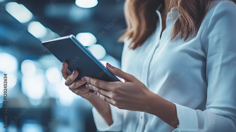 Professional woman holding tablet in modern office with blurred background, blue tones, and soft lighting Professional woman holding tablet in modern office with blurred background, blue tones, and soft lighting