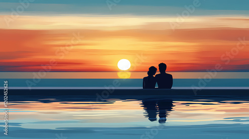 Wallpaper Mural Silhouetted couple gazing at sunset from infinity pool. Tranquil Beach Horizon. Illustration Torontodigital.ca