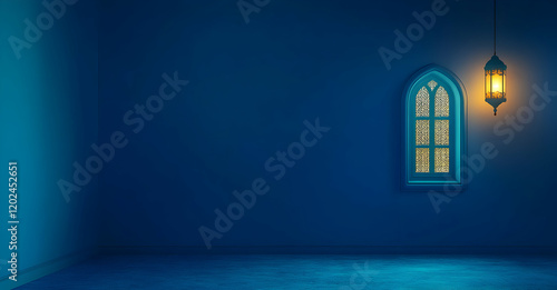 Serene Ramadan Night:  A dimly lit room with an ornately designed window and hanging lantern, evoking peace and spirituality.