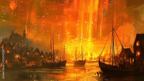 Fiery, vibrant, fantastical harbor town, with tall, fiery columns descending from a fiery sky.  Buildings, boats, and people are illuminated by the intense orange glow.  A surreal, imaginary setting. photo