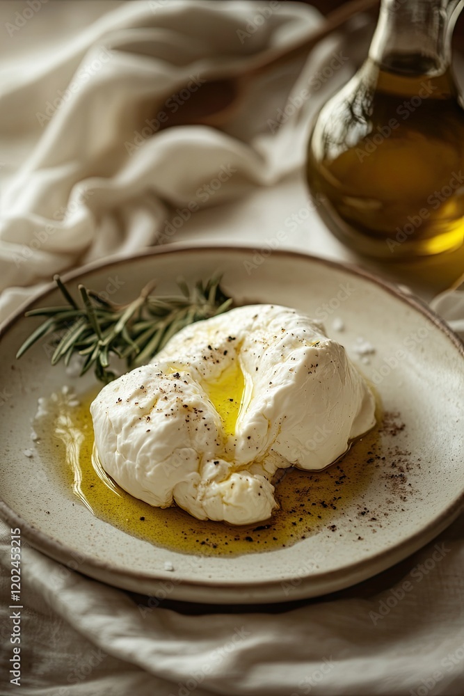 Creamy cheese topped with olive oil and herbs on rustic plate, i Creamy cheese topped with olive oil and herbs on rustic plate, i