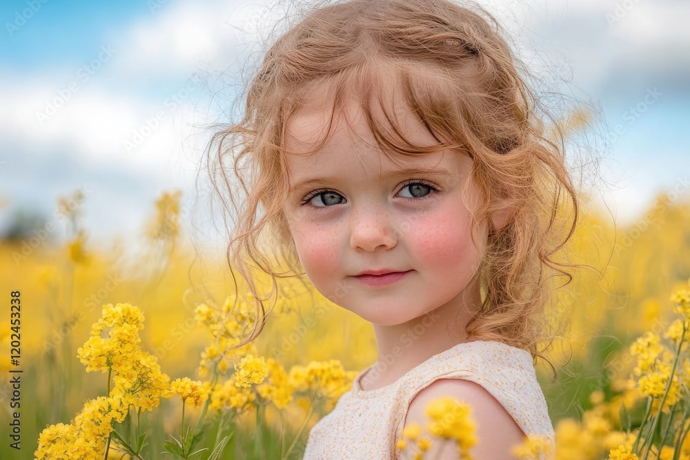 Charming girl in blooming field, surrounded by vibrant yellow fl