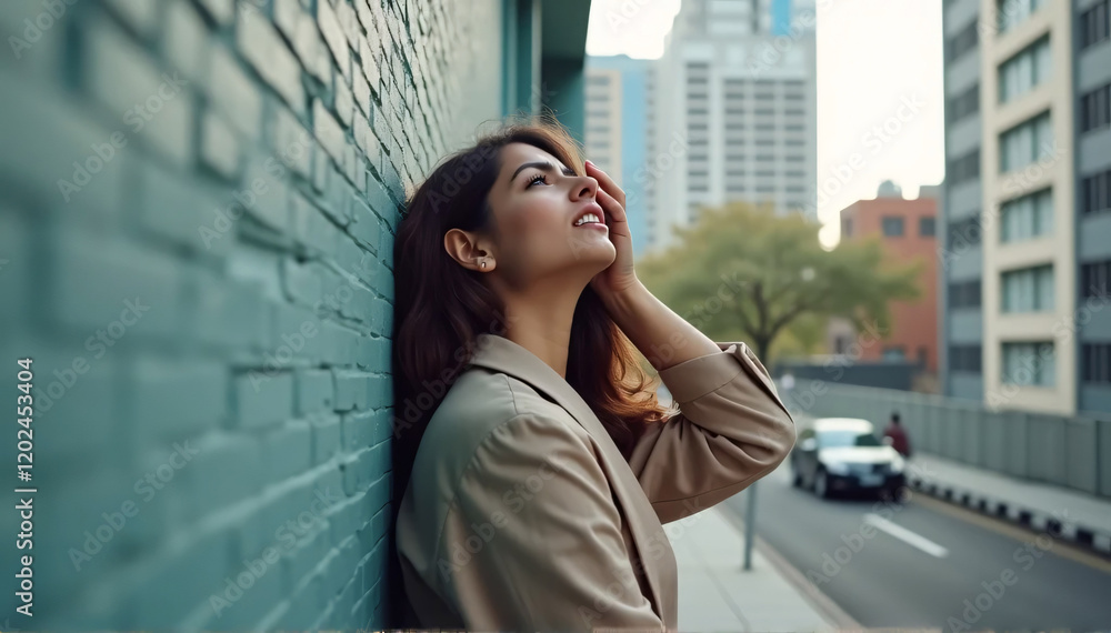 Fototapeta premium A young Indian employee who is stressed out and overworked is slamming her head against the wall due to burnout, experiencing troubles, problems at work, and insolvency. Side view with a background of
