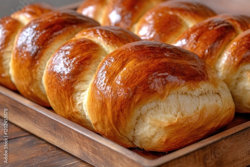 Golden, fluffy rolls arranged on wooden platter, showcasing perf photo