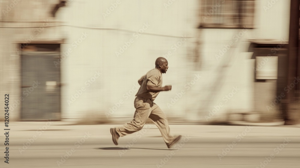 A man in tan clothing runs down a city street, motion blur suggesting speed. A man in tan clothing runs down a city street, motion blur suggesting speed.