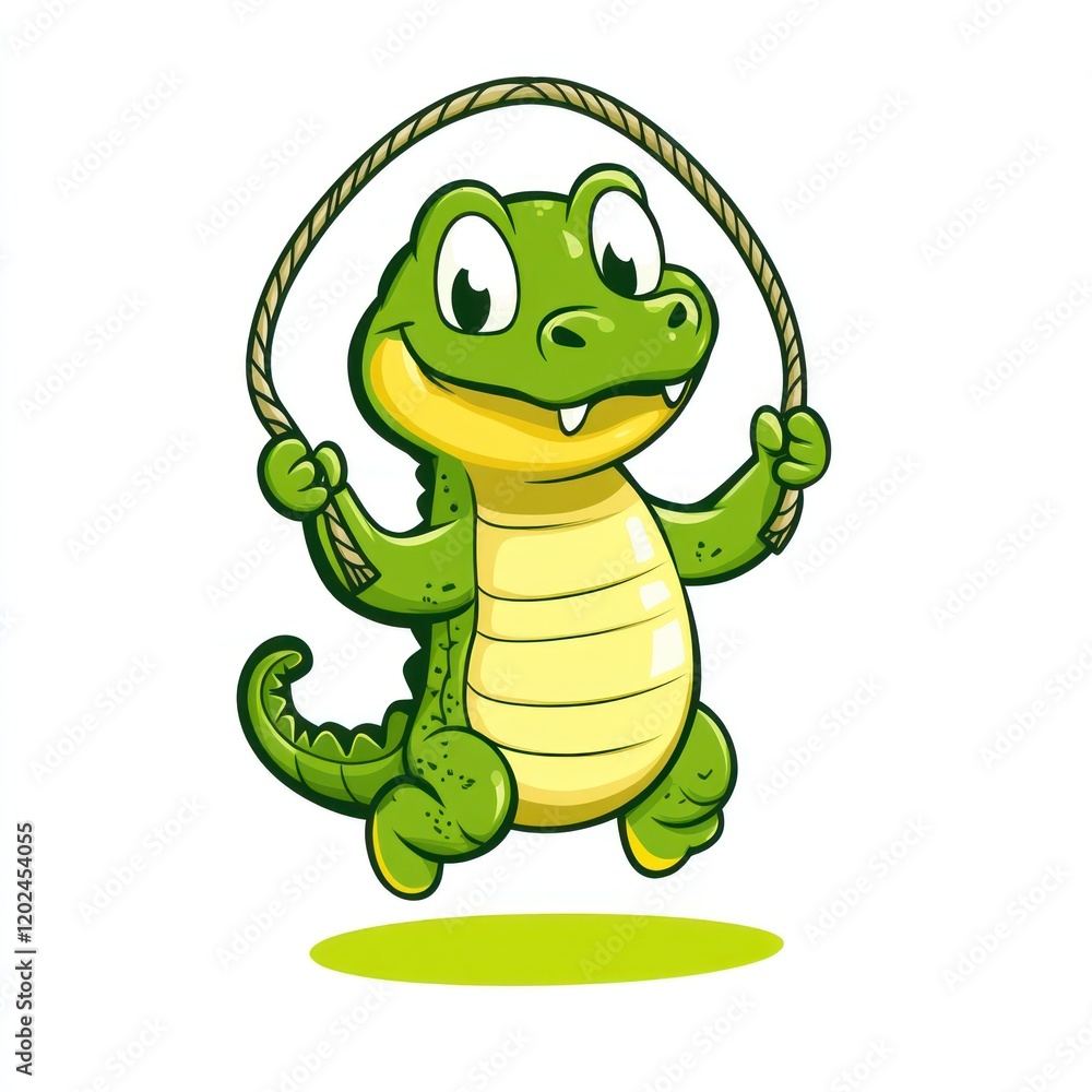 Fototapeta premium Happy crocodile jumping rope, playful cartoon illustration, for children's books