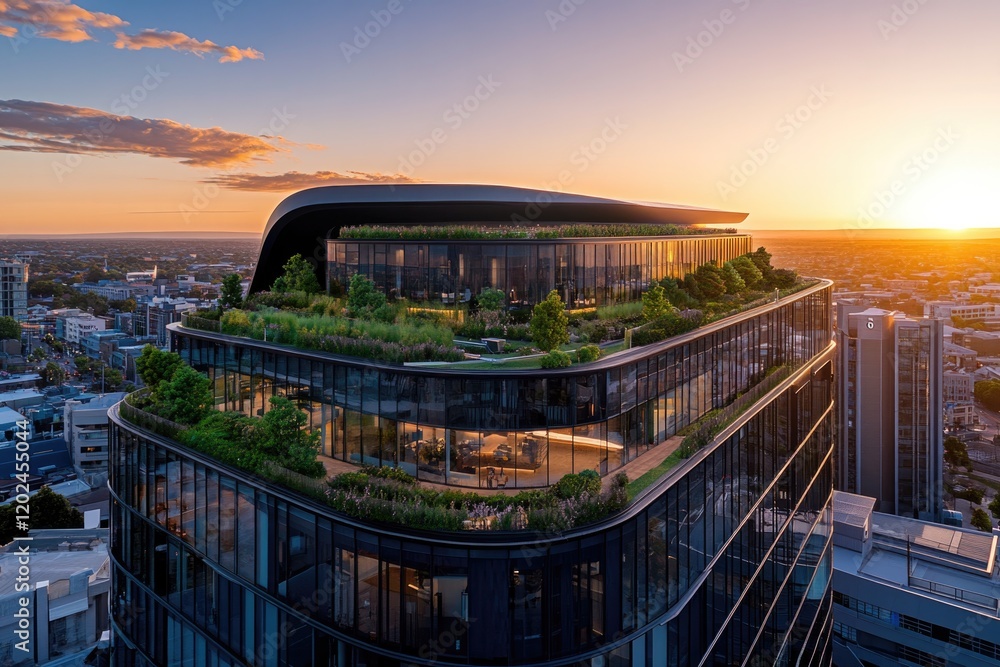Obraz premium Modern architecture showcases rooftop garden with vibrant greene