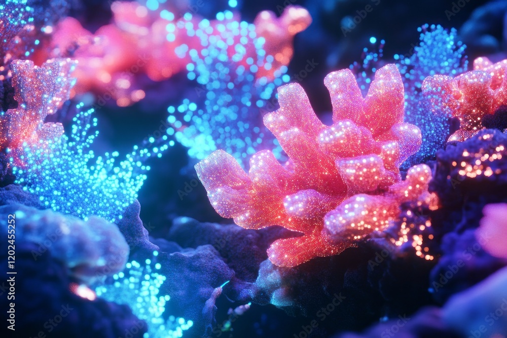 Naklejka premium Glittering Coral Reef Underwater Scene Illuminated