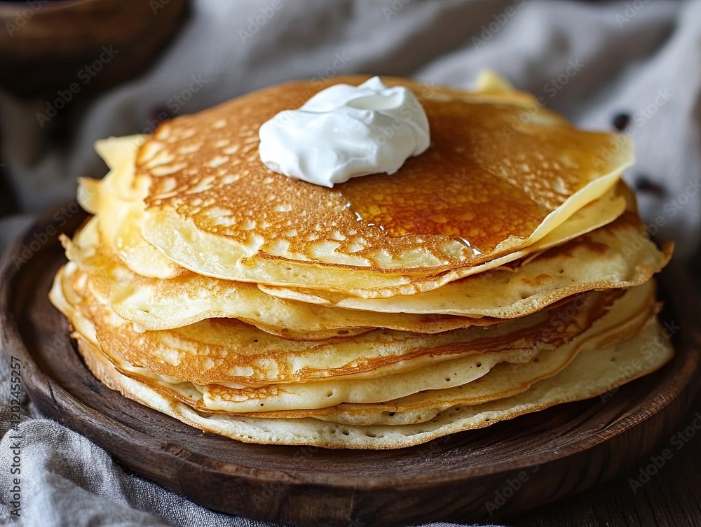 Delicious stack of pancakes served with whipped cream on a wooden plate Delicious stack of pancakes served with whipped cream on a wooden plate