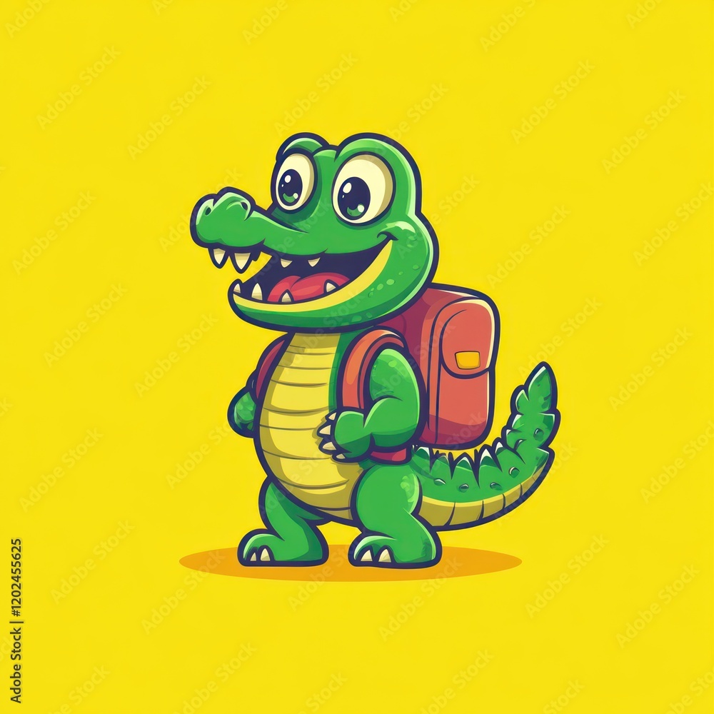 Fototapeta premium Happy crocodile backpack kid school yellow background illustration