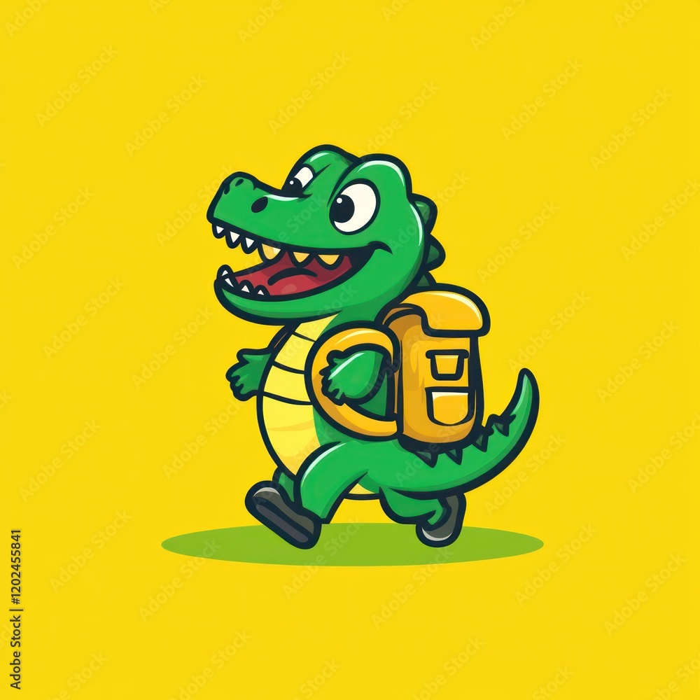 Fototapeta premium Happy crocodile backpacker hiking, yellow background, adventure