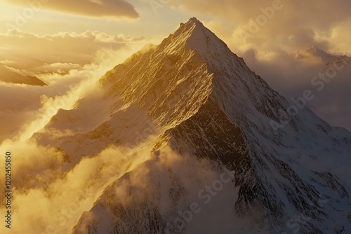 Majestic mountain peak bathed in golden light, surrounded by swi photo