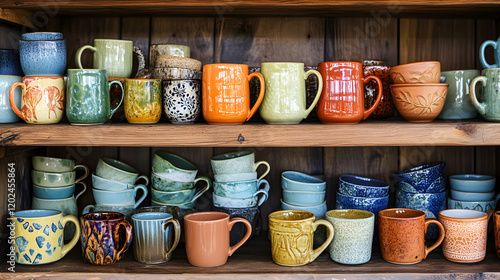 A Stunning Display of Colorful Glazed Ceramic Mugs and Plates on an Artistic Shelf