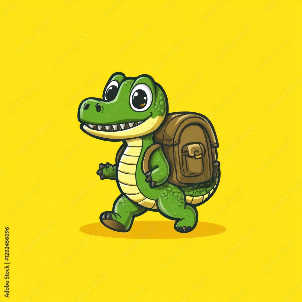 Fototapeta premium Cute crocodile backpacker walking, yellow background, adventure illustration, kids book