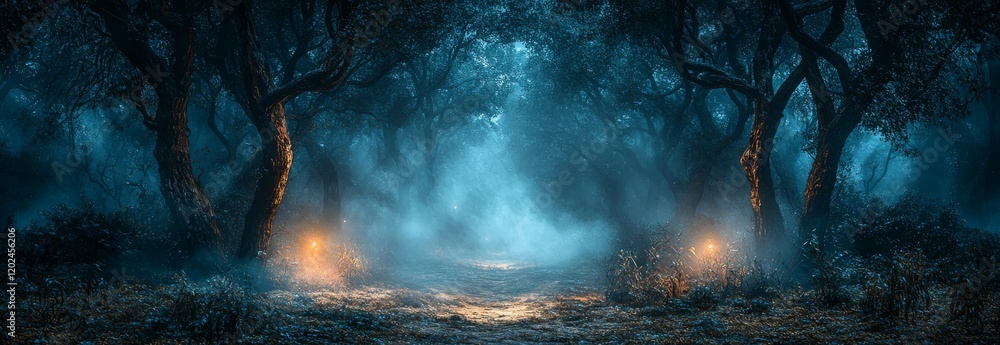 Fototapeta premium A surreal dark forest panorama, a fantasy landscape featuring an eerie portal in the forest at night
