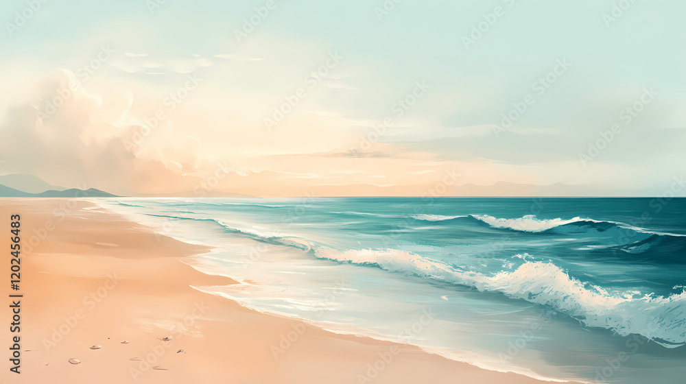 A serene and quiet beach with a soft-hued sky and gentle ocean waves. Tranquil Beach Horizon. Illustration A serene and quiet beach with a soft-hued sky and gentle ocean waves. Tranquil Beach Horizon. Illustration