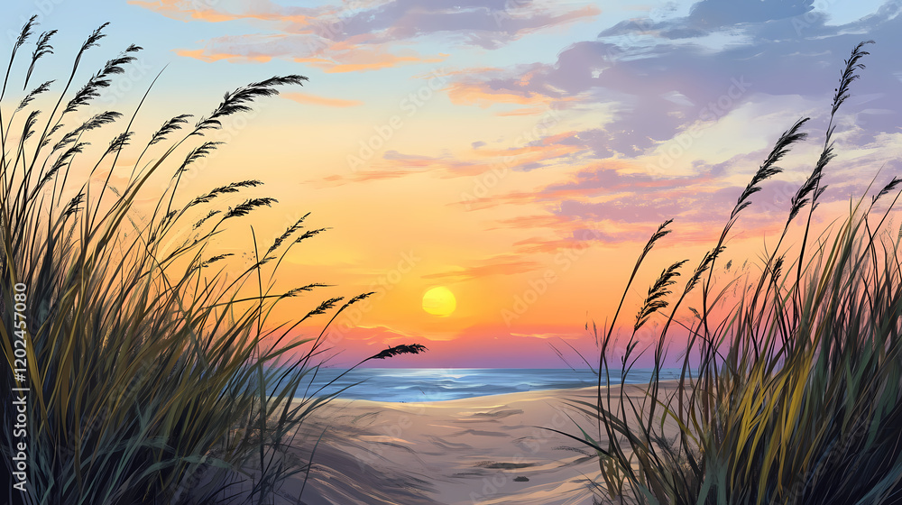 A serene landscape of a tranquil beach at sunset. Tranquil Beach Horizon. Illustration A serene landscape of a tranquil beach at sunset. Tranquil Beach Horizon. Illustration