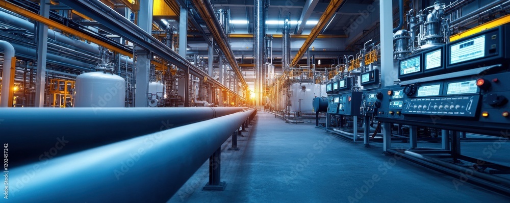 Fototapeta premium Instrumentation engineering. Industrial pipeline with machinery in a modern facility.