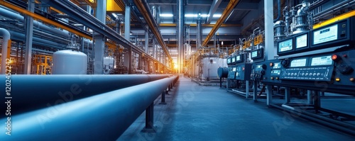 Instrumentation engineering. Industrial pipeline with machinery in a modern facility.
