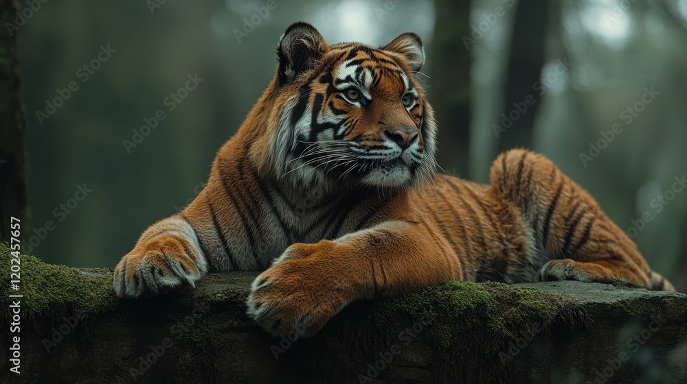 Obraz premium Majestic tiger resting on mossy rock, forest background, wildlife conservation