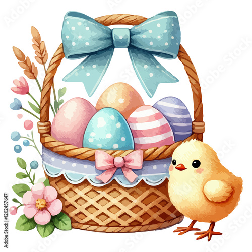 Watercolor hand drawn painting of a basket filled with pastel colored eggs, adorned with blue ribbon. A delicate floral arrangement and an adorable yellow chick. Happy Easter decoration design