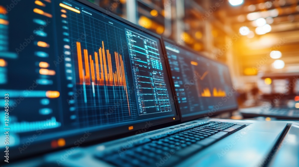 Instrumentation engineering. Modern data analysis on computer screens displaying graphs and metrics. Instrumentation engineering. Modern data analysis on computer screens displaying graphs and metrics.