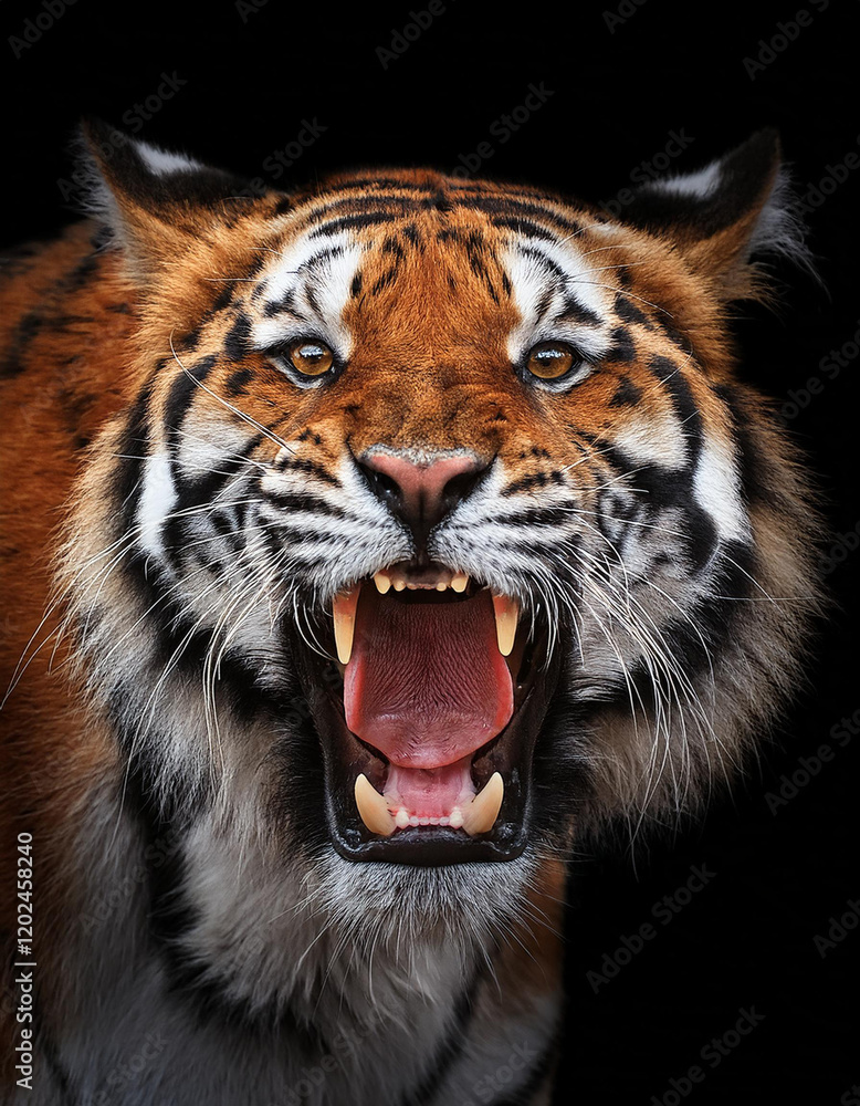 Fototapeta premium Retrato de un tigre de bengala feroz rugiendo sobre fondo negro