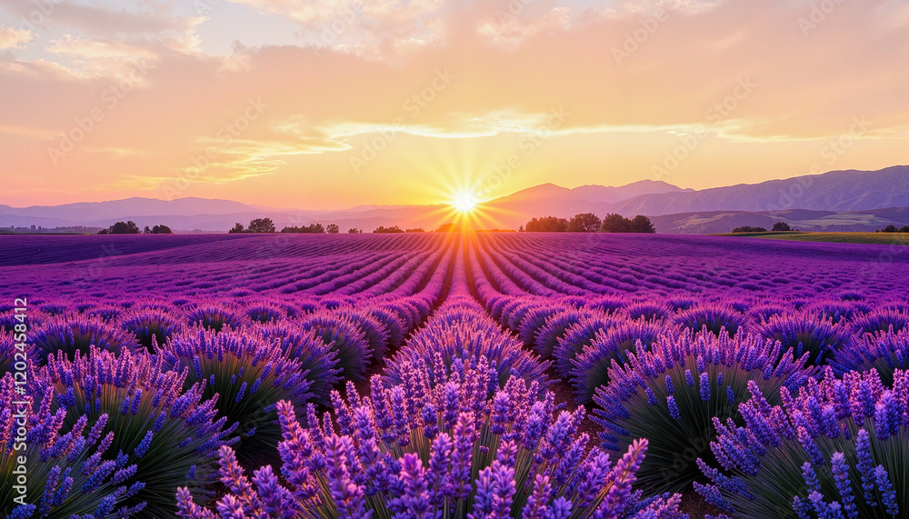 Expansive lavender field in full bloom, soft purple hues stretching to the horizon, golden sunset light Expansive lavender field in full bloom, soft purple hues stretching to the horizon, golden sunset light