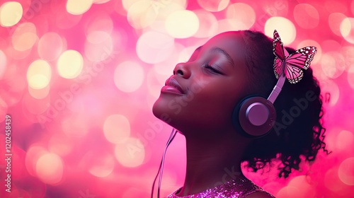 Wallpaper Mural Joyful girl enjoys music with headphones, surrounded by vibrant Torontodigital.ca