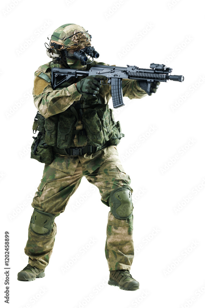 Military soldier with tactical gear and rifle aiming in combat stance Military soldier with tactical gear and rifle aiming in combat stance