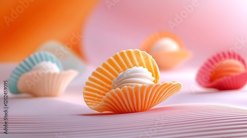 Pastel Seashell Candies on Pink Background; Sweet Treats, Food Photography, Dessert photo