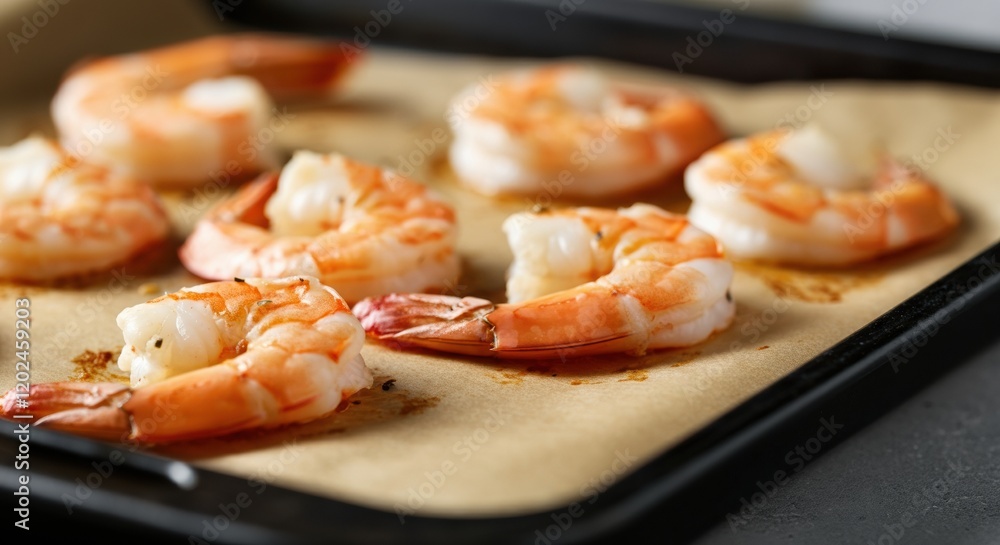 Delicious shrimp cooked to perfection on a baking tray Delicious shrimp cooked to perfection on a baking tray