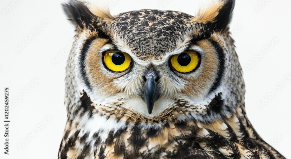 Majestic owl with striking yellow eyes and intricate feather patterns Majestic owl with striking yellow eyes and intricate feather patterns