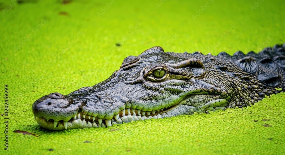 Crocodile resting in vibrant green water, showcasing its powerful presence Crocodile resting in vibrant green water, showcasing its powerful presence