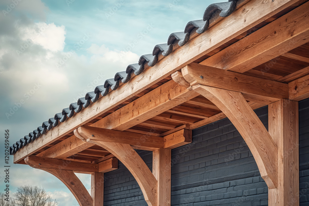 Wooden canopy structure protecting building entrance with cloudy sky Wooden canopy structure protecting building entrance with cloudy sky