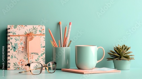 Pastel Workspace Stationery and Decor on a Desk Setup for Creative Inspiration photo