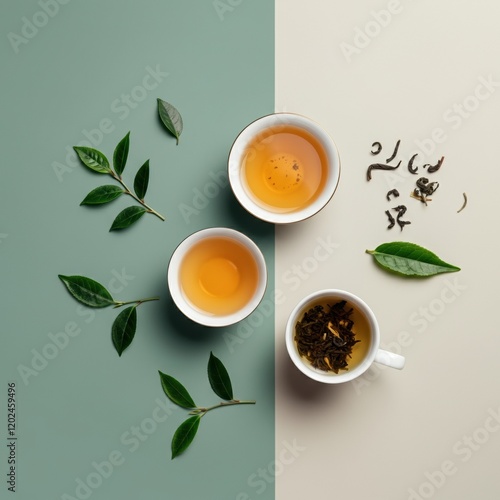 Wallpaper Mural Assorted tea cups with fresh leaves and loose tea on a minimalist background Torontodigital.ca