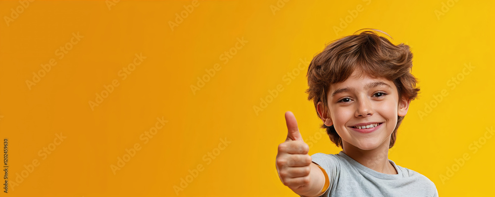 Smiling child showing thumbs up sign on yellow background Smiling child showing thumbs up sign on yellow background