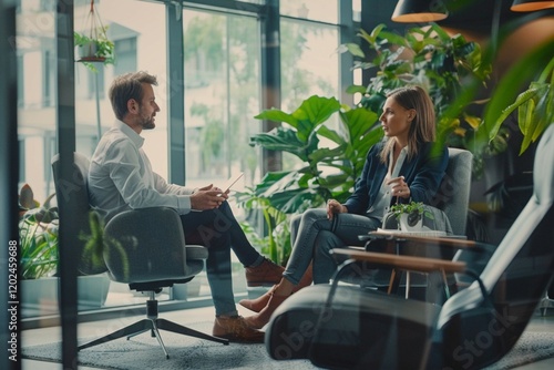Two business professionals engaging in a collaborative conversation seated in a modern office surrounded by lush indoor plants
